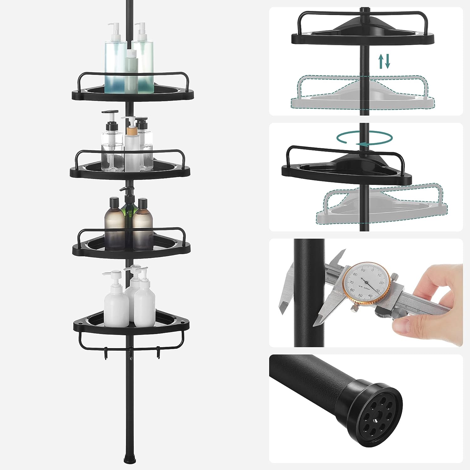 SONGMICS Justerbar hjørnehylde til badeværelset, teleskopisk brusekabine, 85-305 cm, gulv til loft, med 4 bakker, 3 kroge, sort BCB001B01