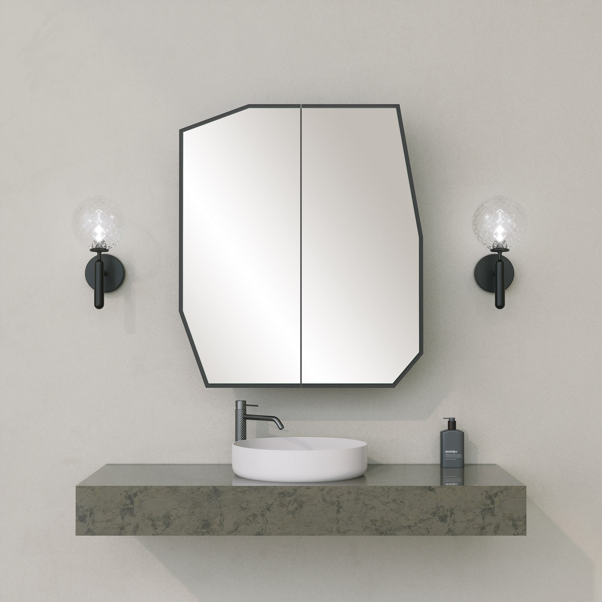 FUNZI LIVING Quartz badeværelsesvægskab, m. spejl, 2 låger og 2 hylder - spejlglas og sort MDF