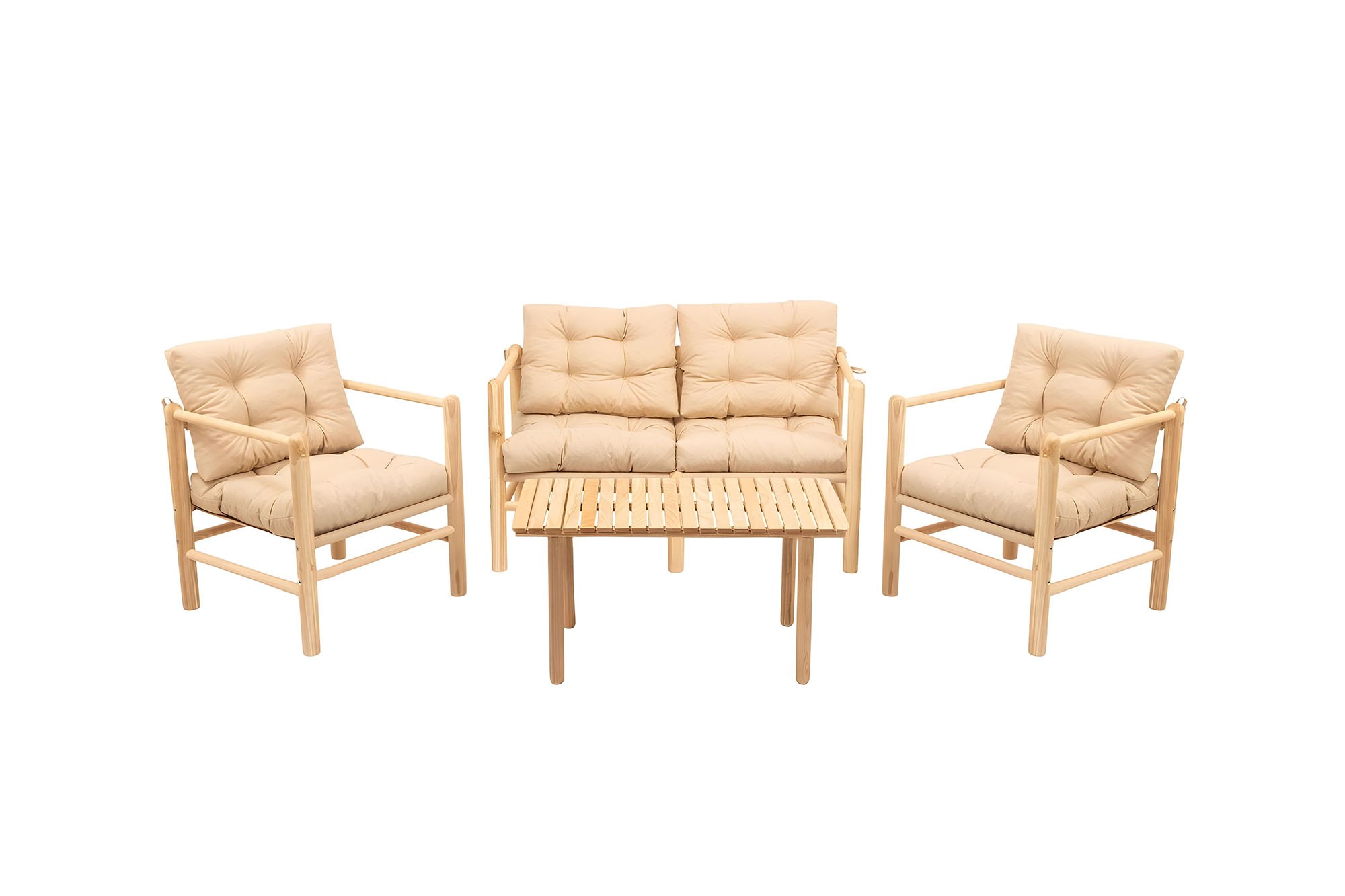 NORDVÄRK My028 udendørs loungesæt m. 1 bord, 1 sofa, 2 stole - creme hynder/natur kastanjetræ
