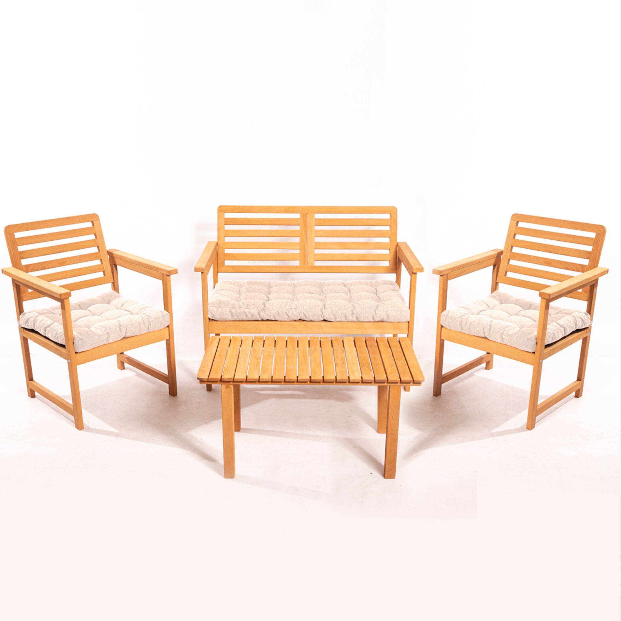 NORDVÄRK MYT01 udendørs loungesæt, m. 2 stole, 1 sofa, 1 bord og creme hynder - natur træ