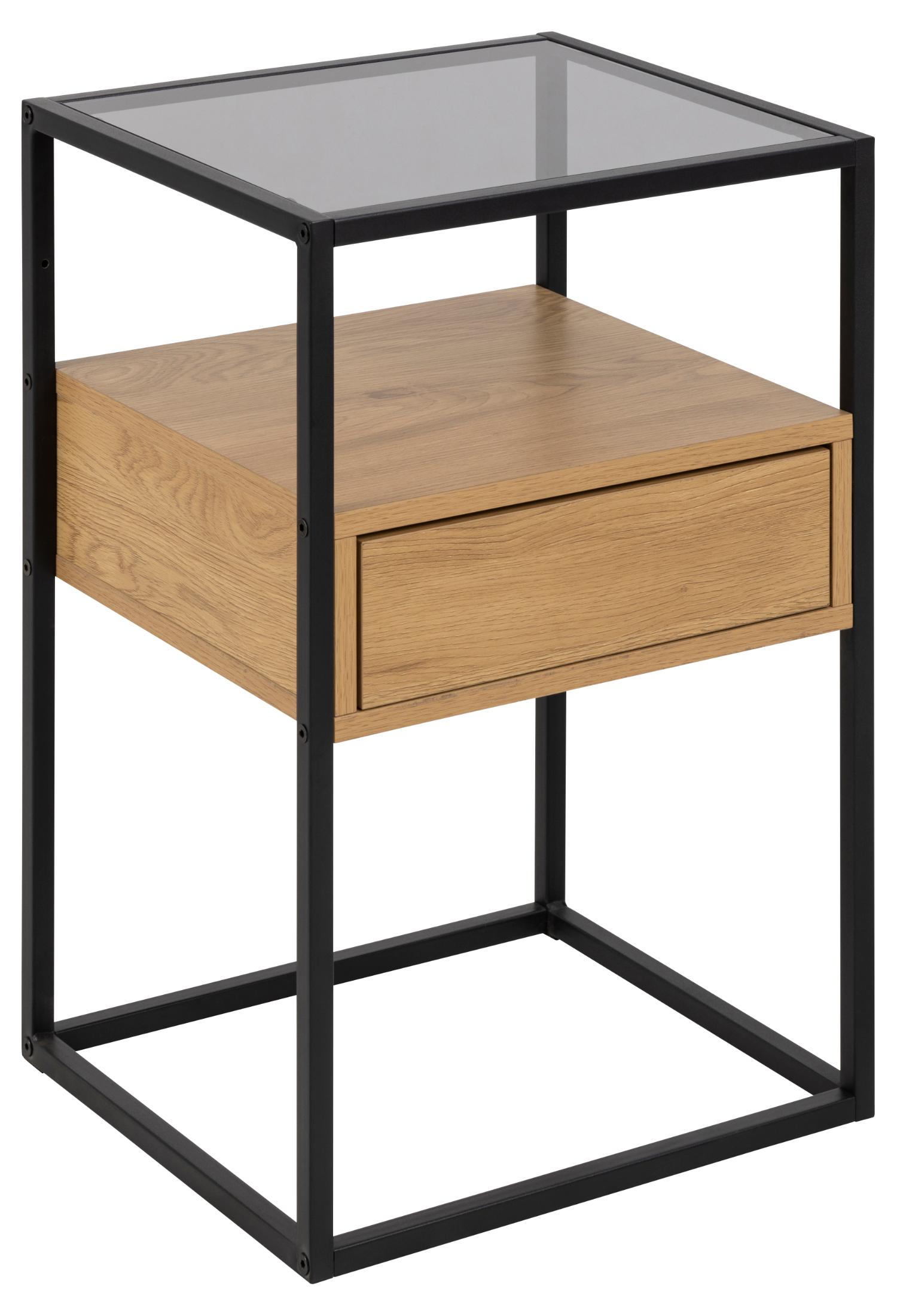 ACT NORDIC Randolf natbord, m. 1 hylde og 1 skuffe - røg glas, natur melamin, sort metal (40x35)