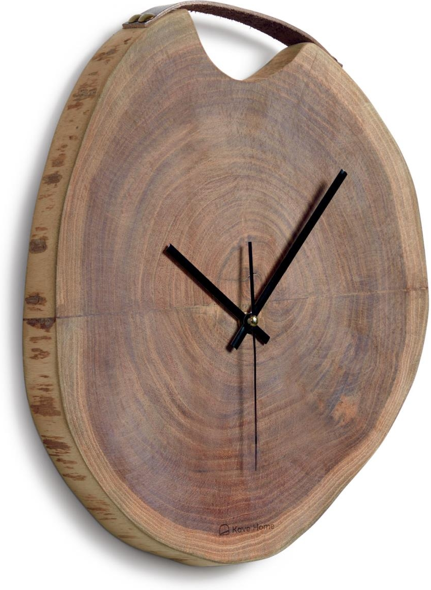 Vægur Kave Home Yuliana i massivt akacietræ natur Ø35 x D3,5 cm nordisk design med læderrem