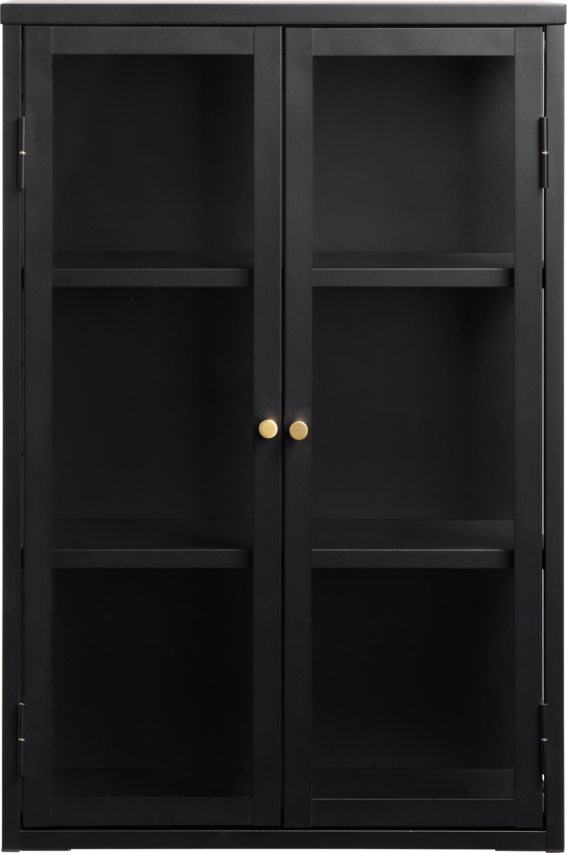 Vitrineskab Nordique Design Carmel H90Ã60Ã25 cm  -  sort koldvalset stål med glaslåge og gyldne håndtag
